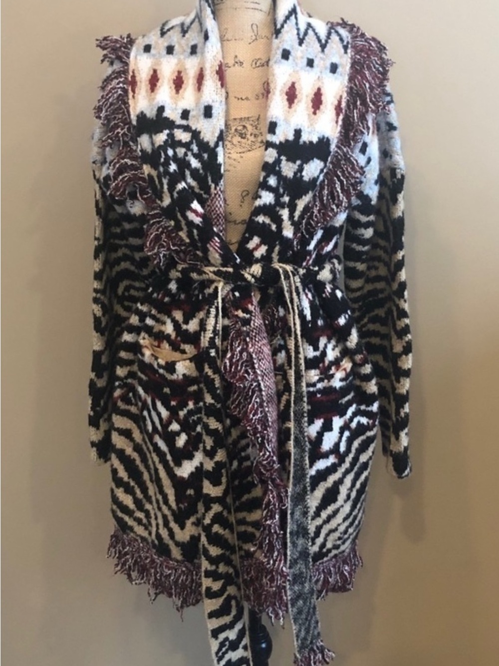 Anthropologie Burgundy Multi Fringe Open-Front Cardigan - Picture 3 of 5